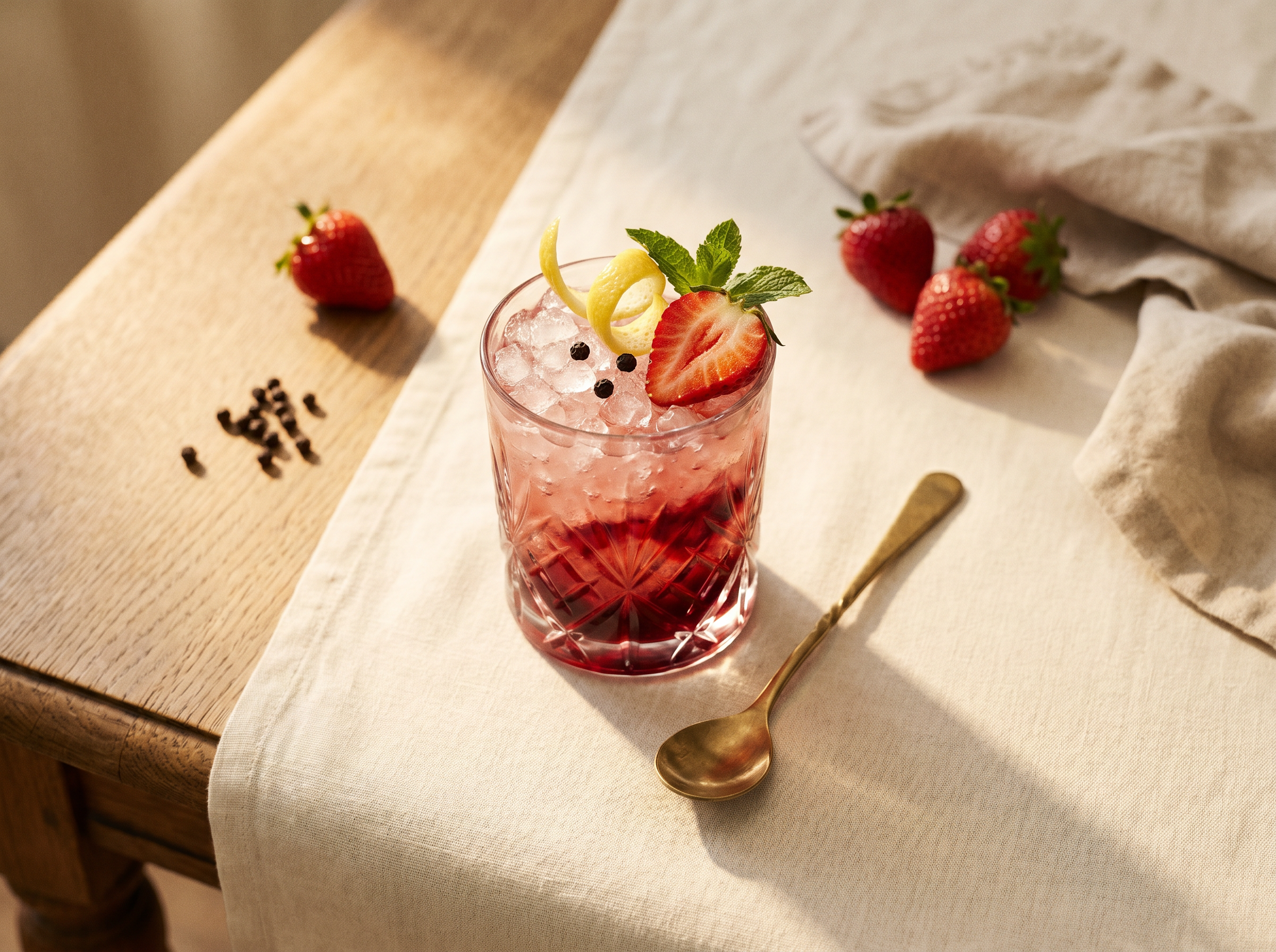 The Strawberry & Black Pepper Bramble in a heavy crystal Old Fashioned glass on a cream linen runner