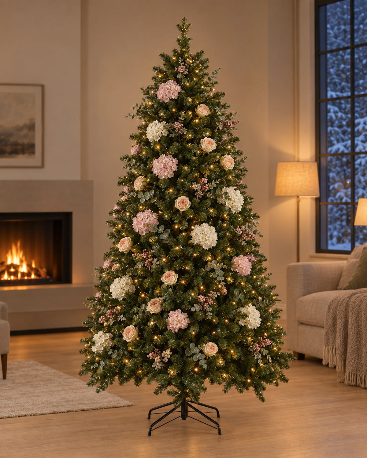 A pre-lit Christmas tree dressed with white and blush hydrangeas and roses in a cosy living room