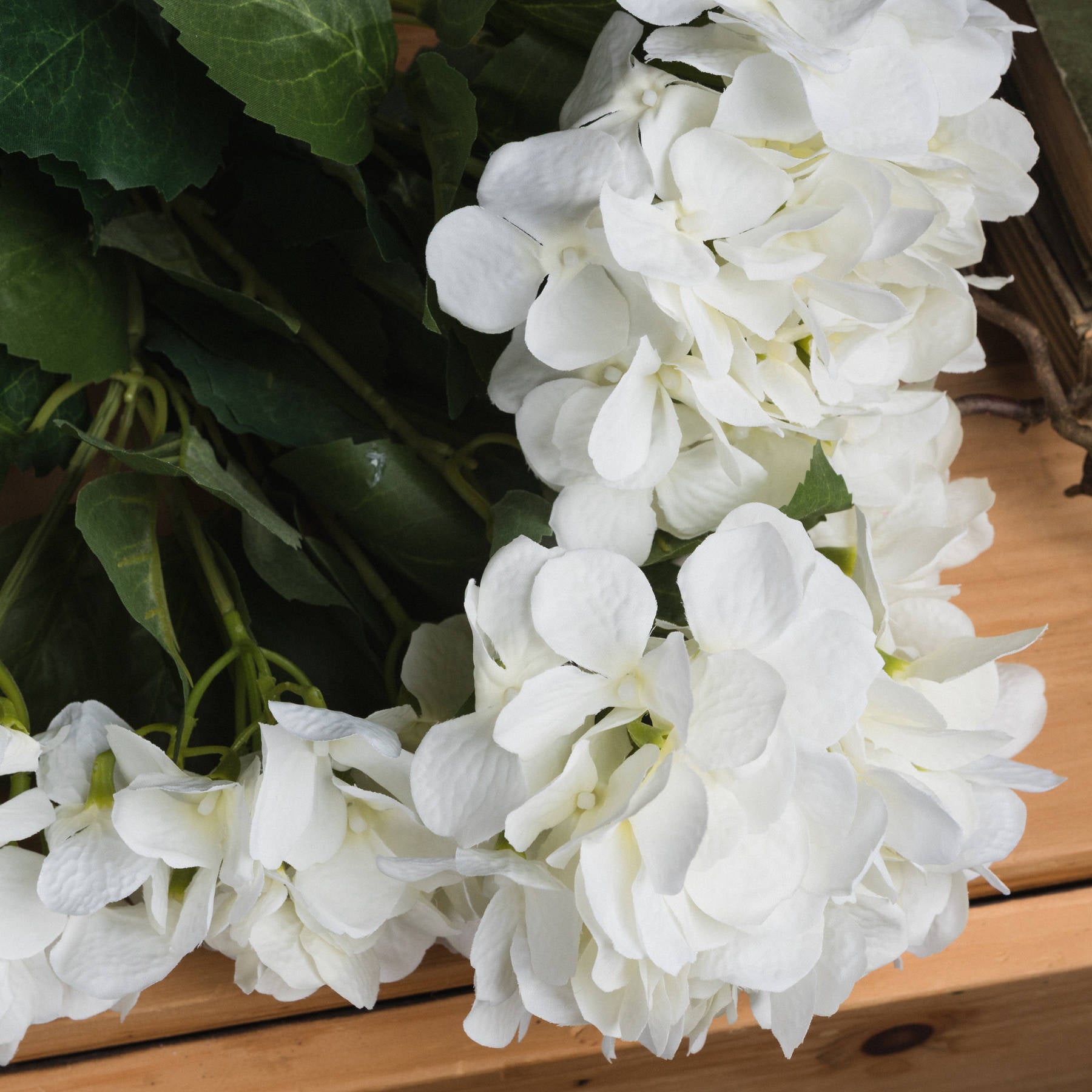 White Hydrangea Bouquet — detail close-up cream plastic