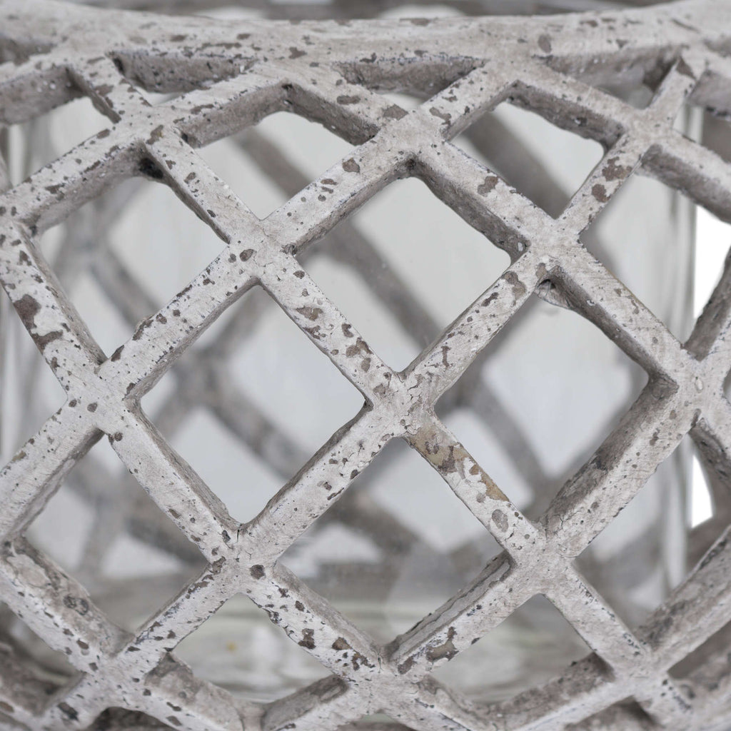 Round Ceramic Lattice Hurricane Lantern — side view stone ceramic