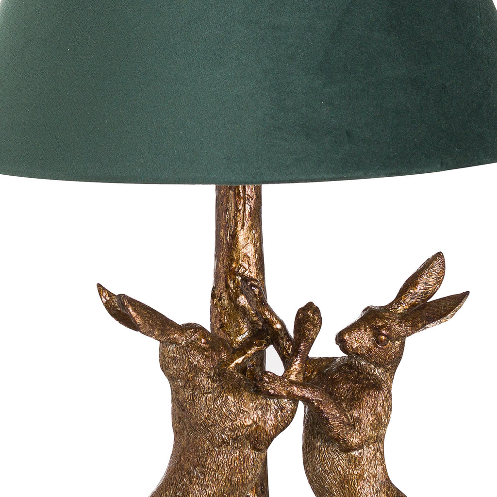 Antique Gold Marching Hares Lamp With Green Velvet Shade — side view gold resin