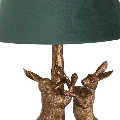 Antique Gold Marching Hares Lamp With Green Velvet Shade — side view gold resin