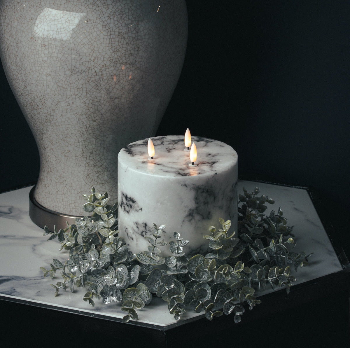 Artificial Large Frosted Eucalyptus Candle Wreath, detail close-up