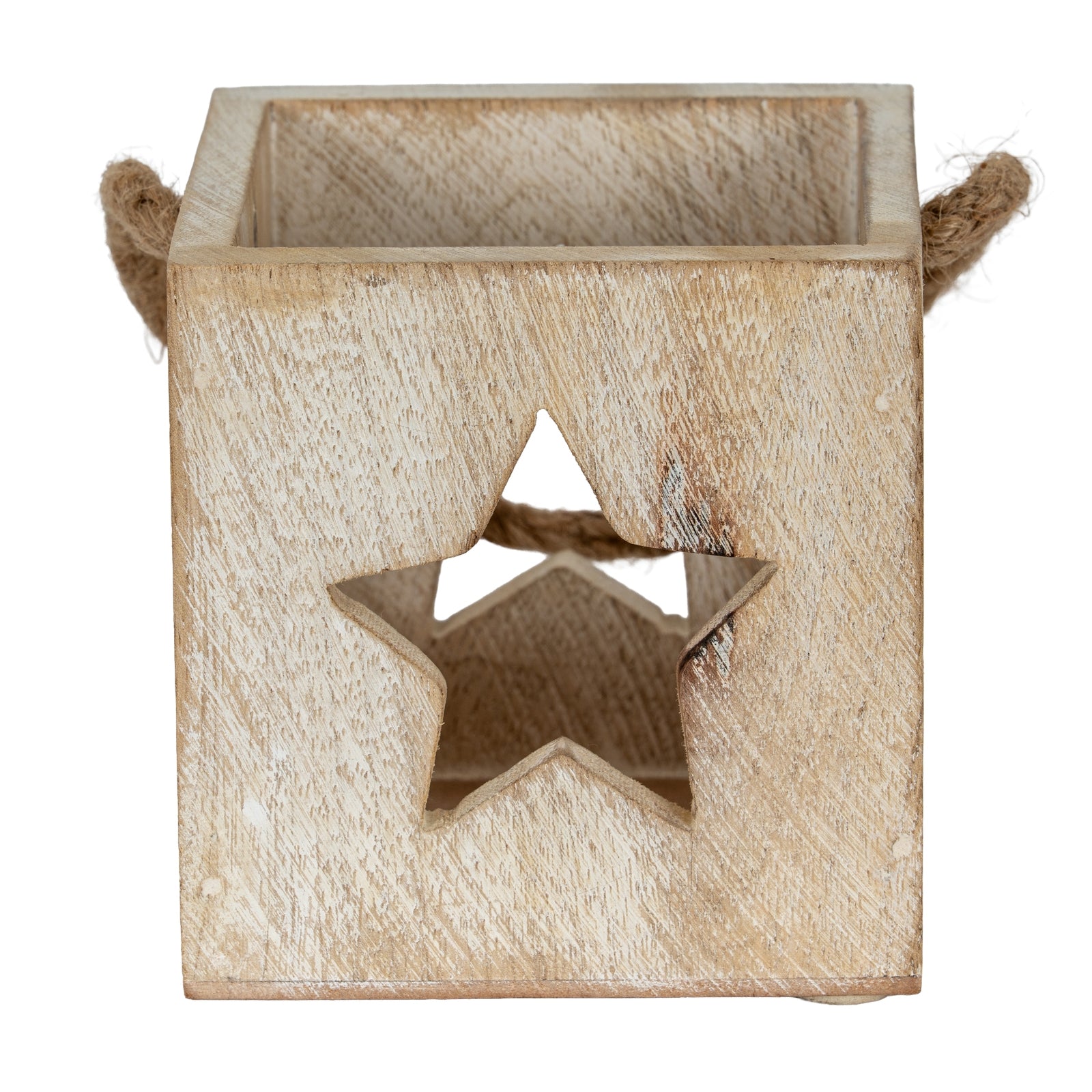 Washed Wood Star Tealight Candle Holder — side view white wood