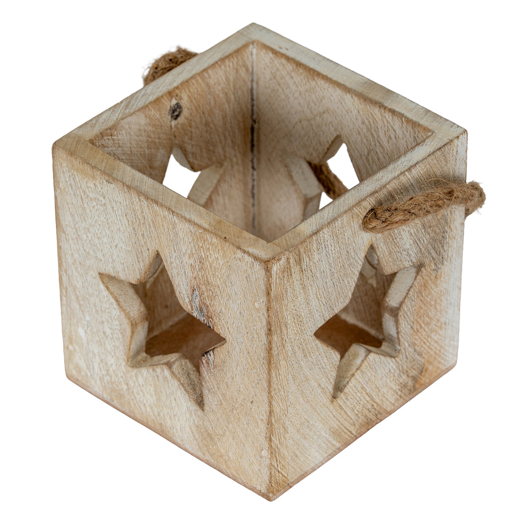 Washed Wood Star Tealight Candle Holder — detail close-up white wood