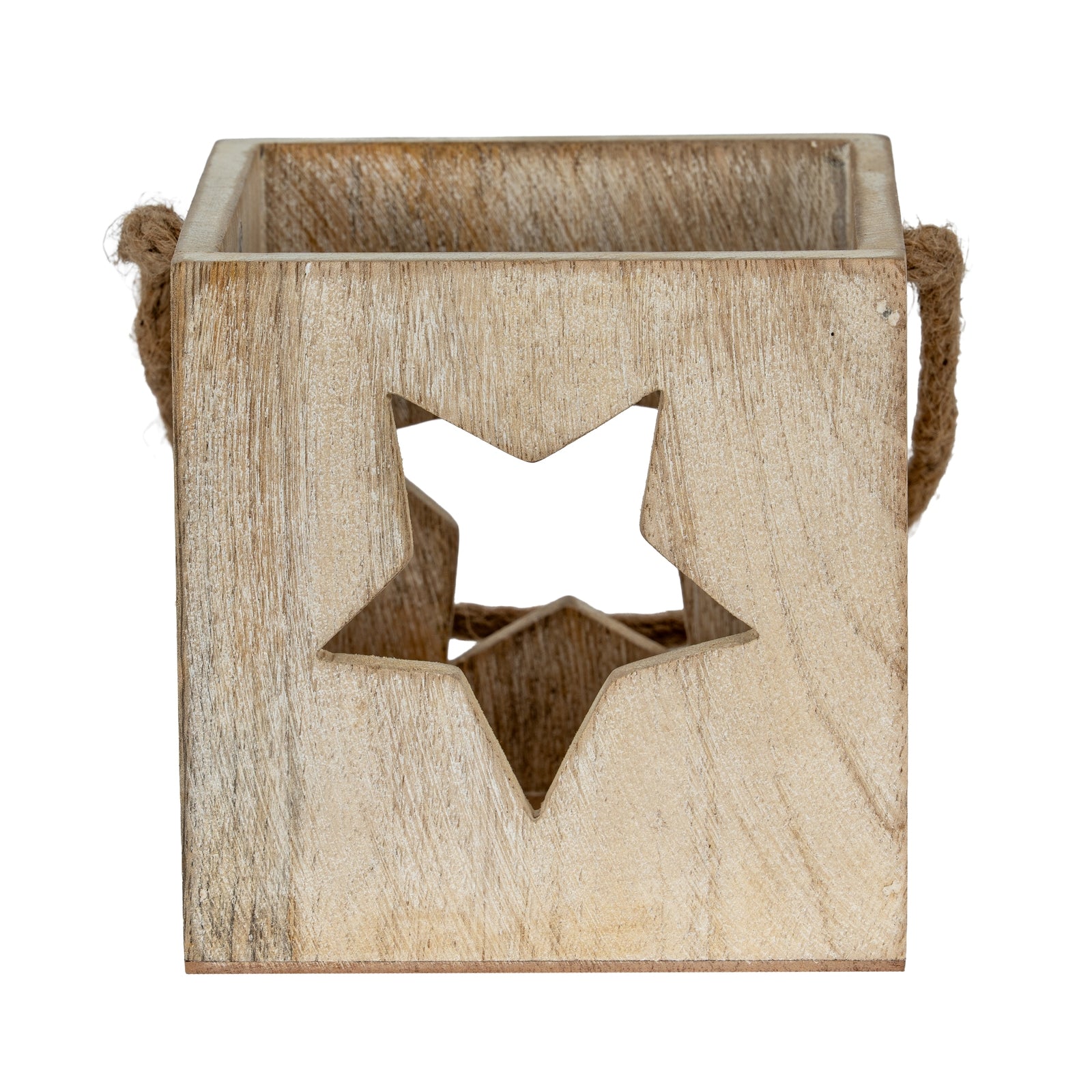 Washed Wood Large Star Tealight Candle Holder — side view white wood