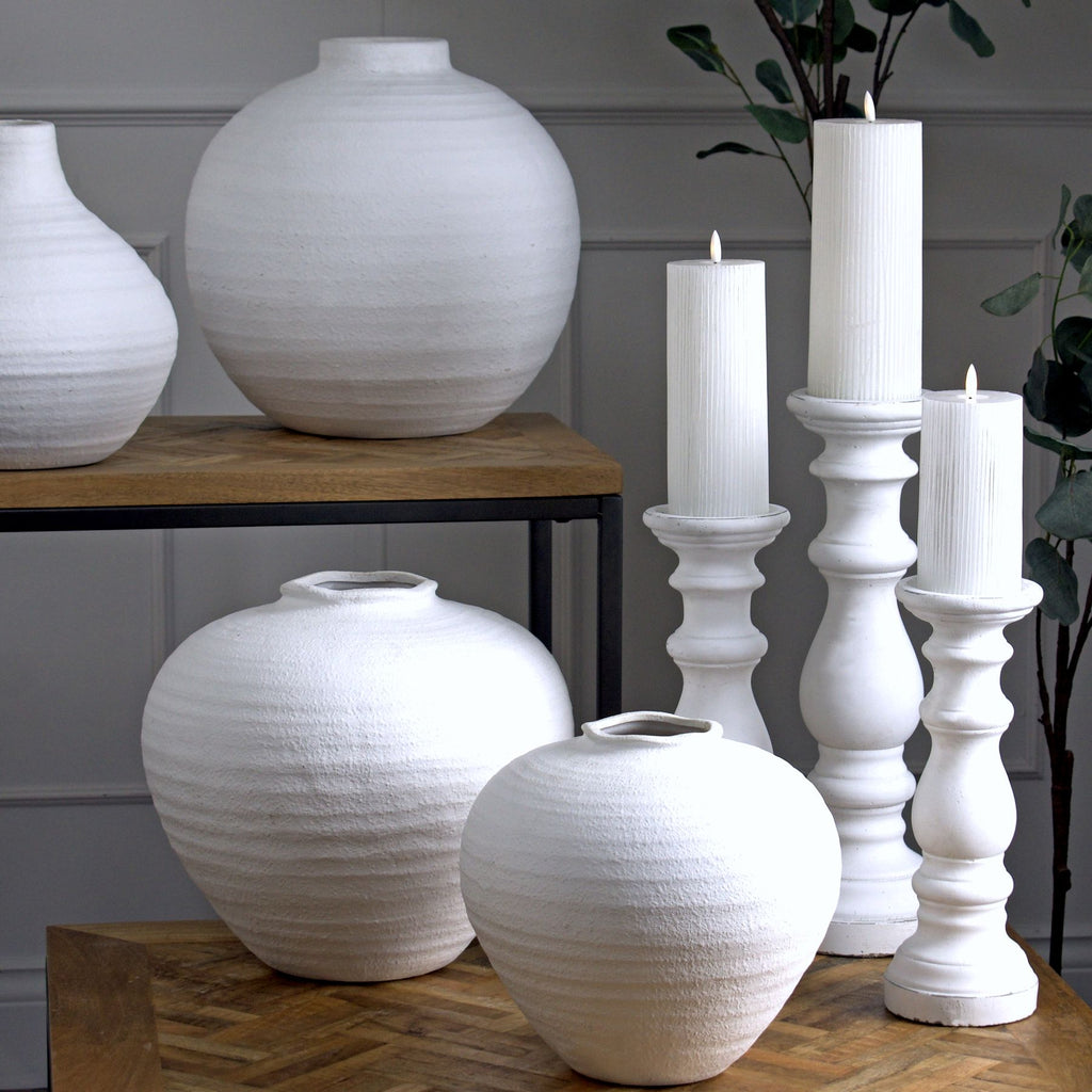 Matt White Ceramic Column Candle Holder — detail close-up white ceramic