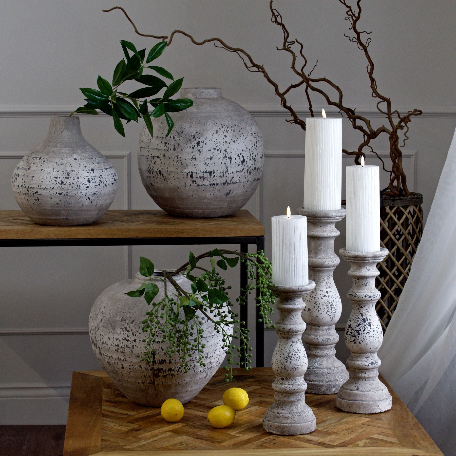 Large Stone Ceramic Column Candle Holder — alternative angle stone ceramic