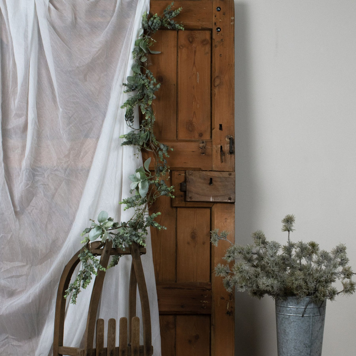 Artificial Winter Garland with Eucalyptus and Lambs Ear, detail close-up