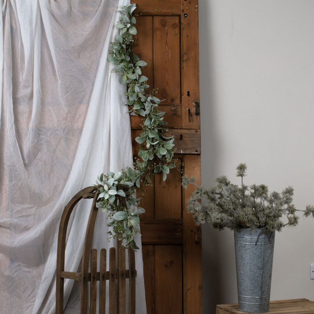 Artificial Winter Garland with Lambs Ear and Wax Flower, detail close-up