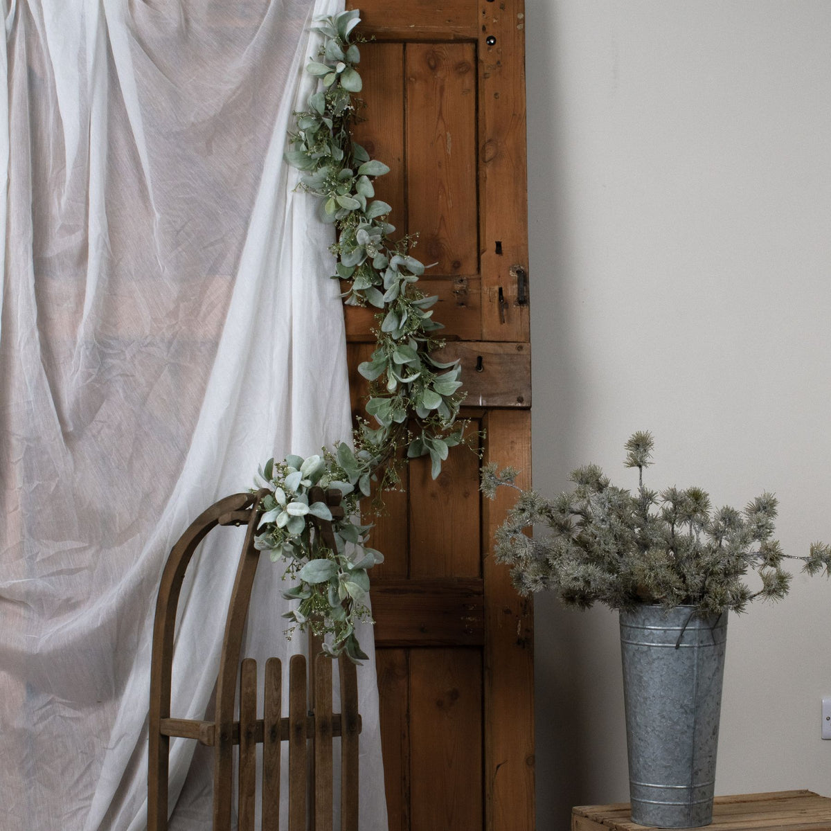Artificial Winter Garland with Lambs Ear and Wax Flower, detail close-up