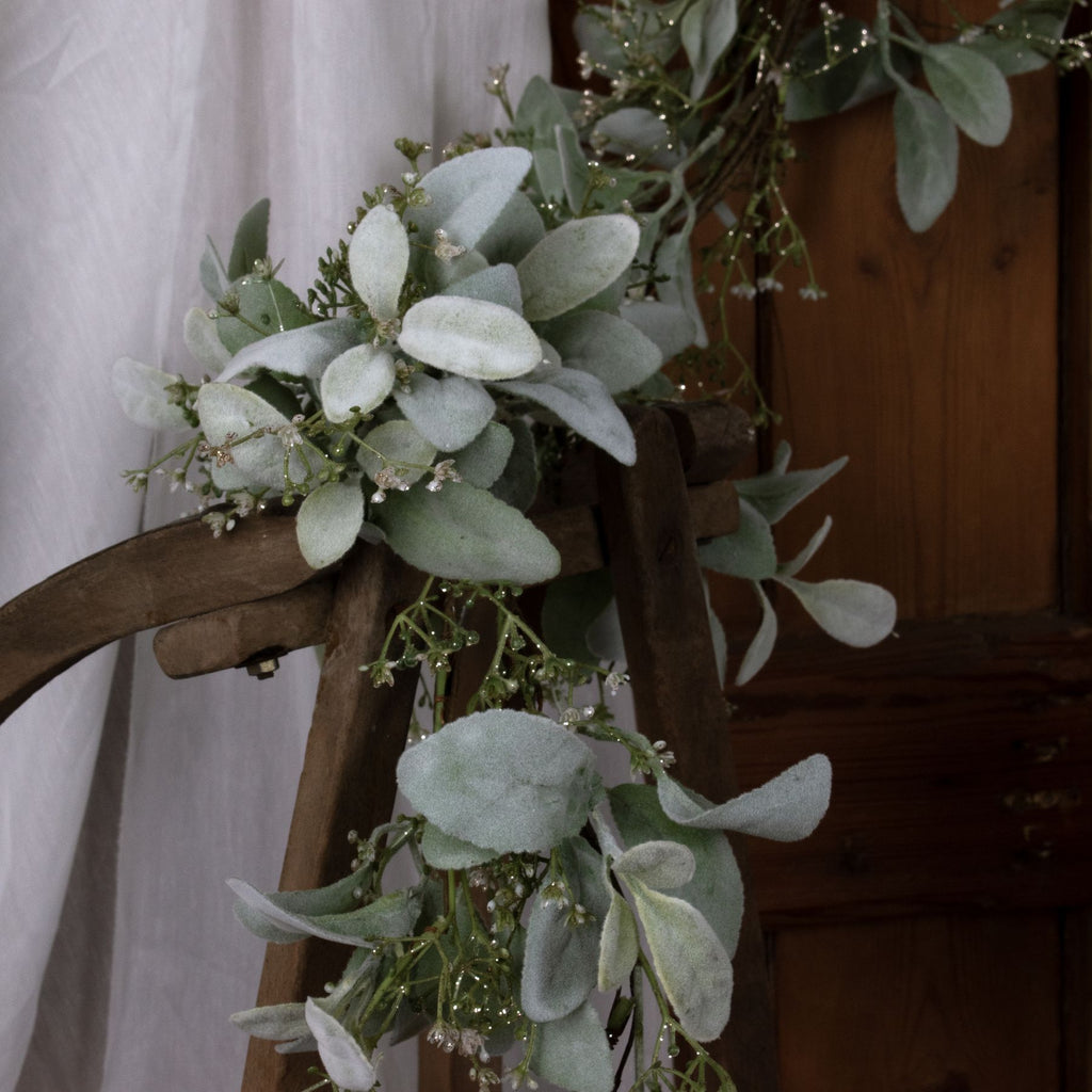 Artificial Winter Garland with Lambs Ear and Wax Flower, side view