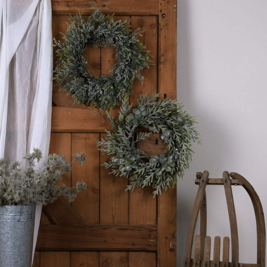 Artificial Frosted Pine Wreath with Pinecones, detail close-up