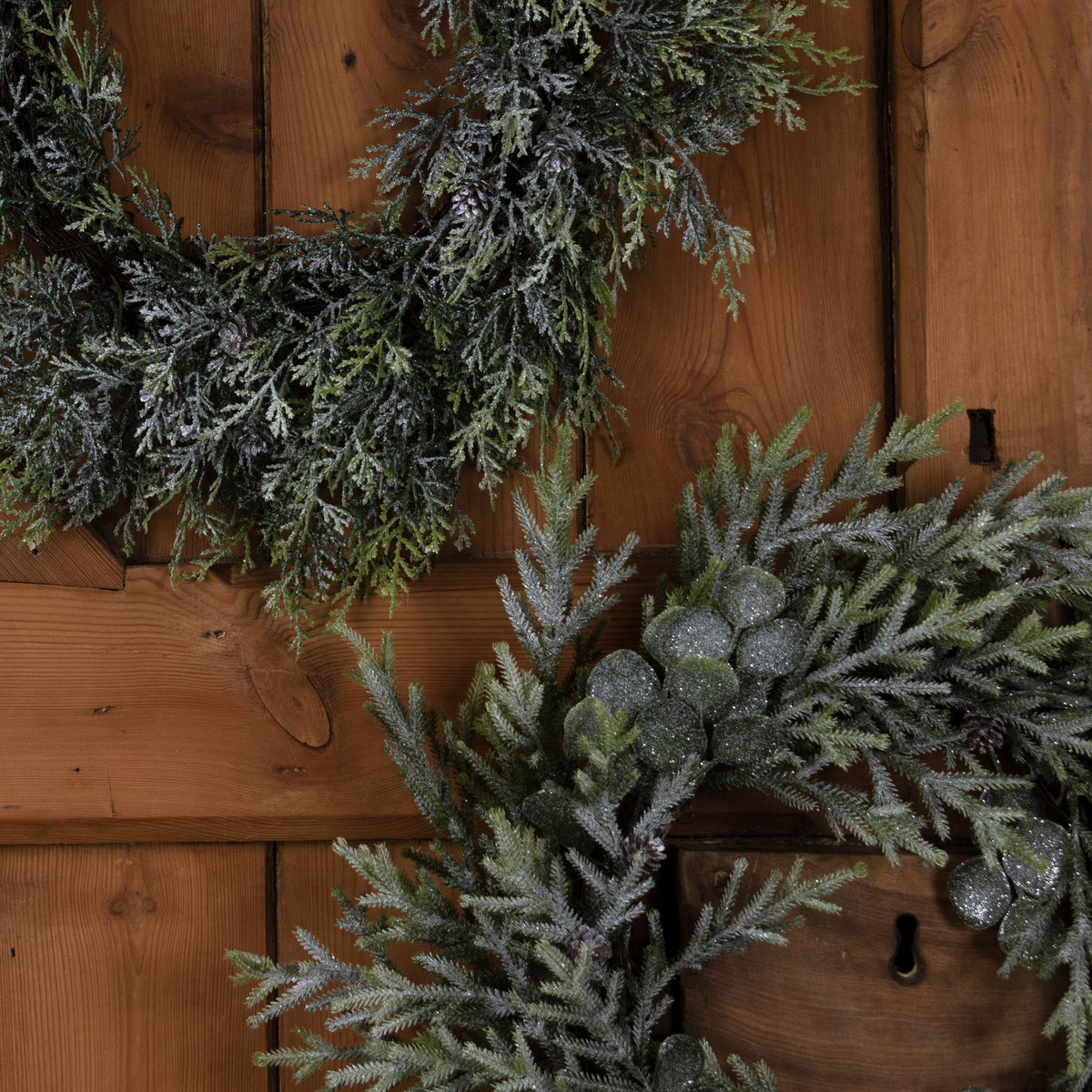 Artificial Frosted Pine Wreath with Pinecones, further view