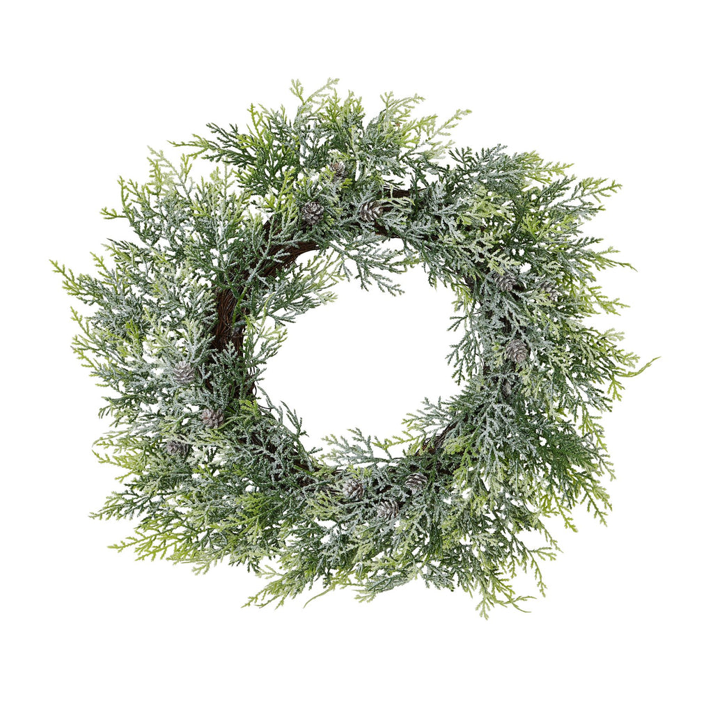 Artificial Frosted Pine Wreath with Pinecones, the base of The Winter Bloom Door Wreath