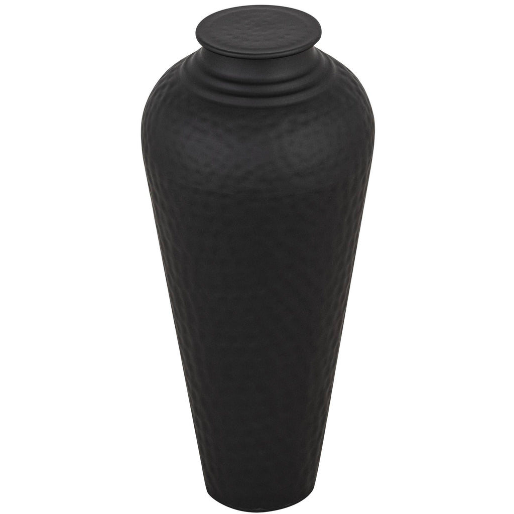 Matt Black Hammered Vase With Lid — side view black metal