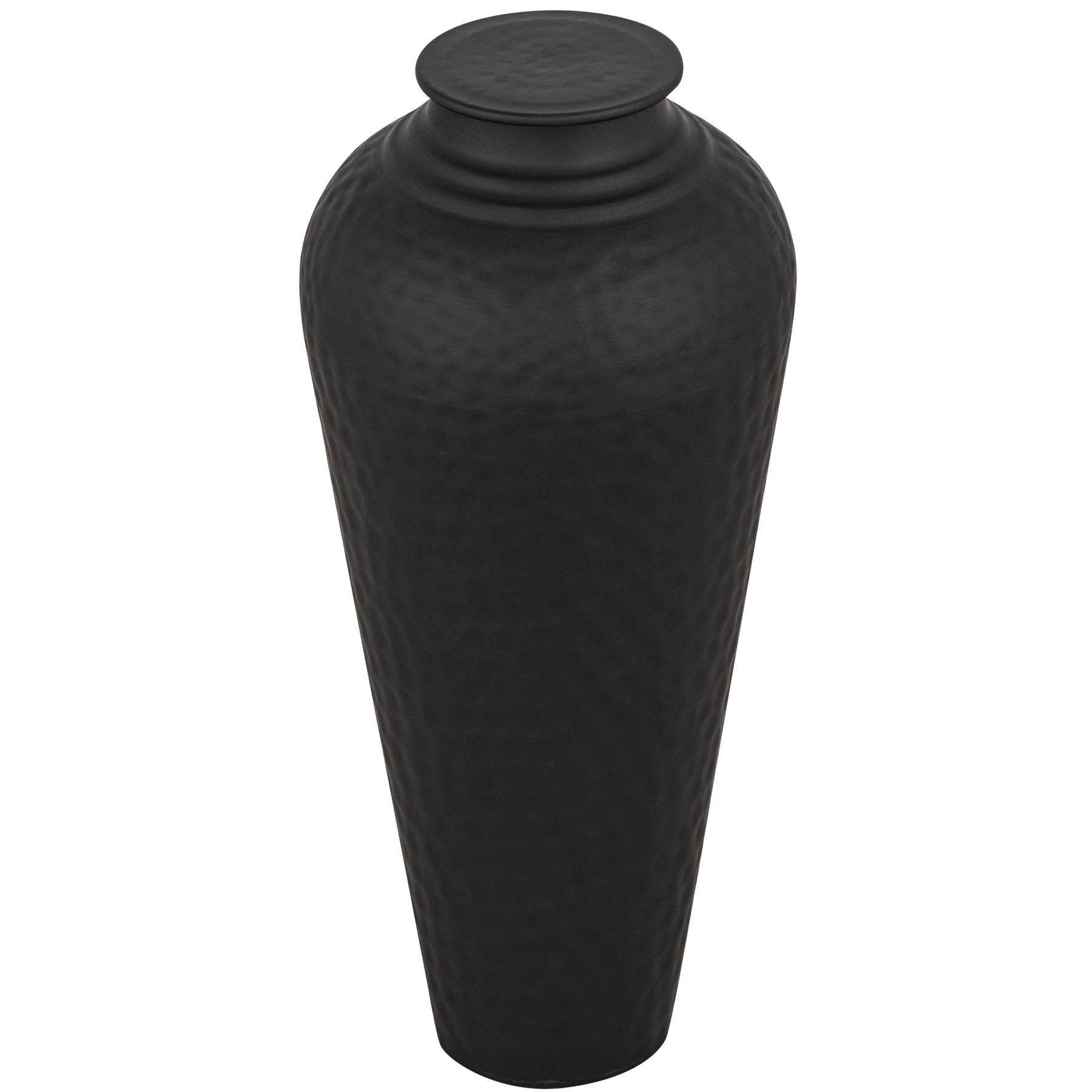 Matt Black Hammered Vase With Lid — side view black metal