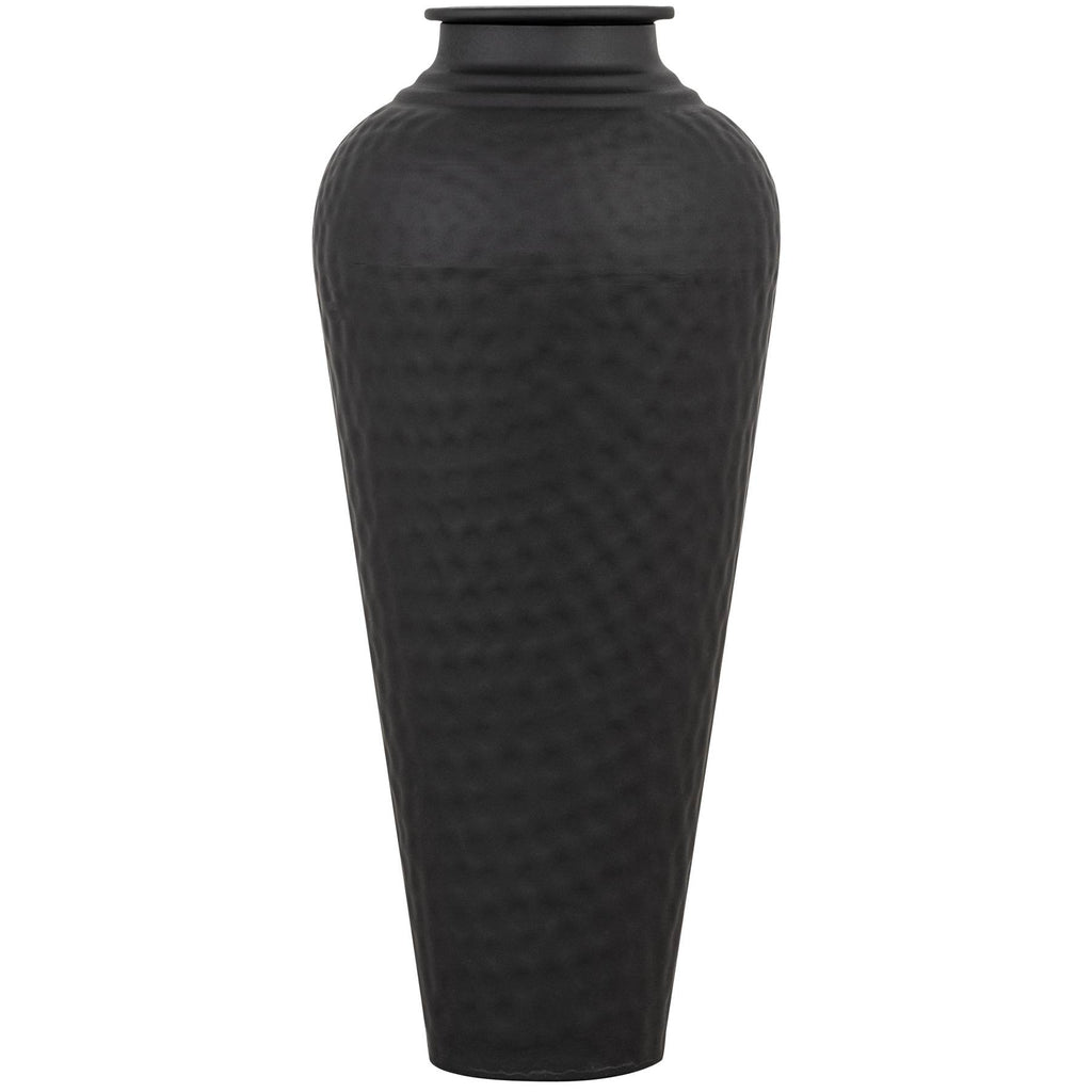 Matt Black Hammered Vase With Lid — detail close-up black metal