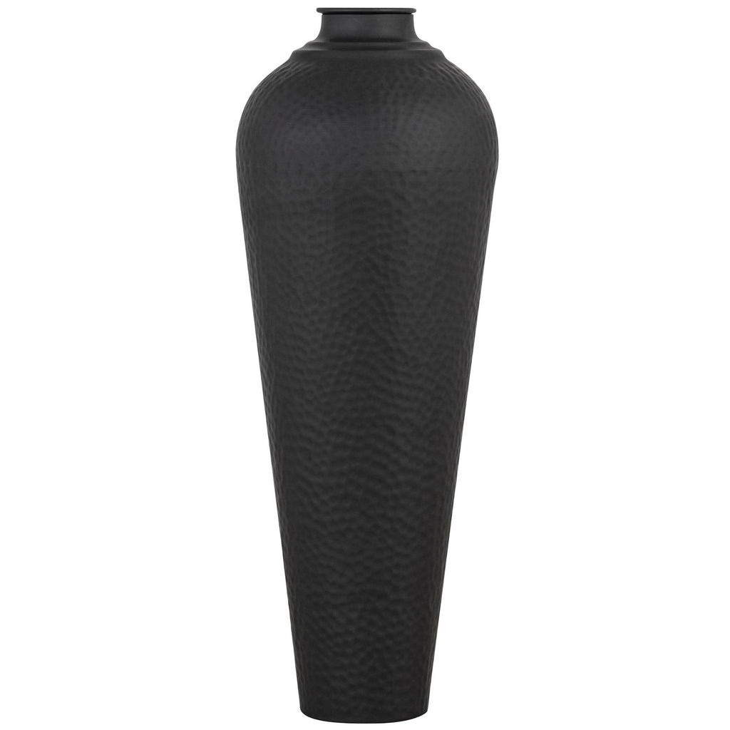 Matt Black Medium Hammered Vase With Lid — detail close-up black metal