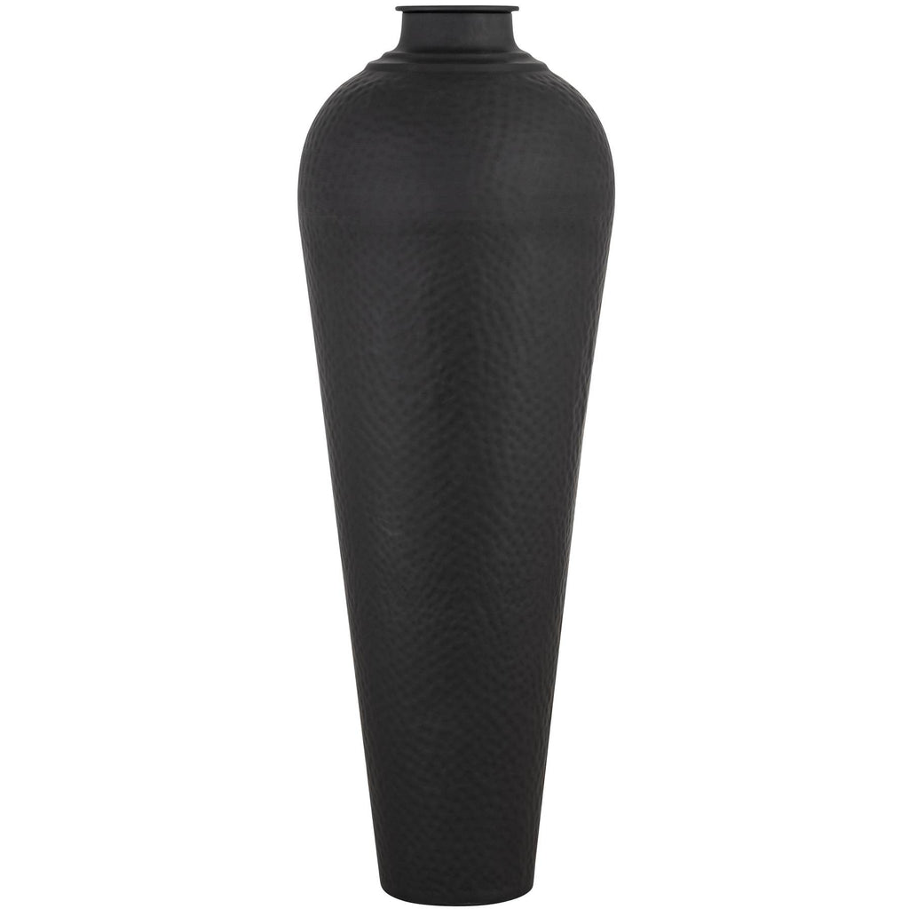 Matt Black Large Hammered Vase With Lid — detail close-up black metal