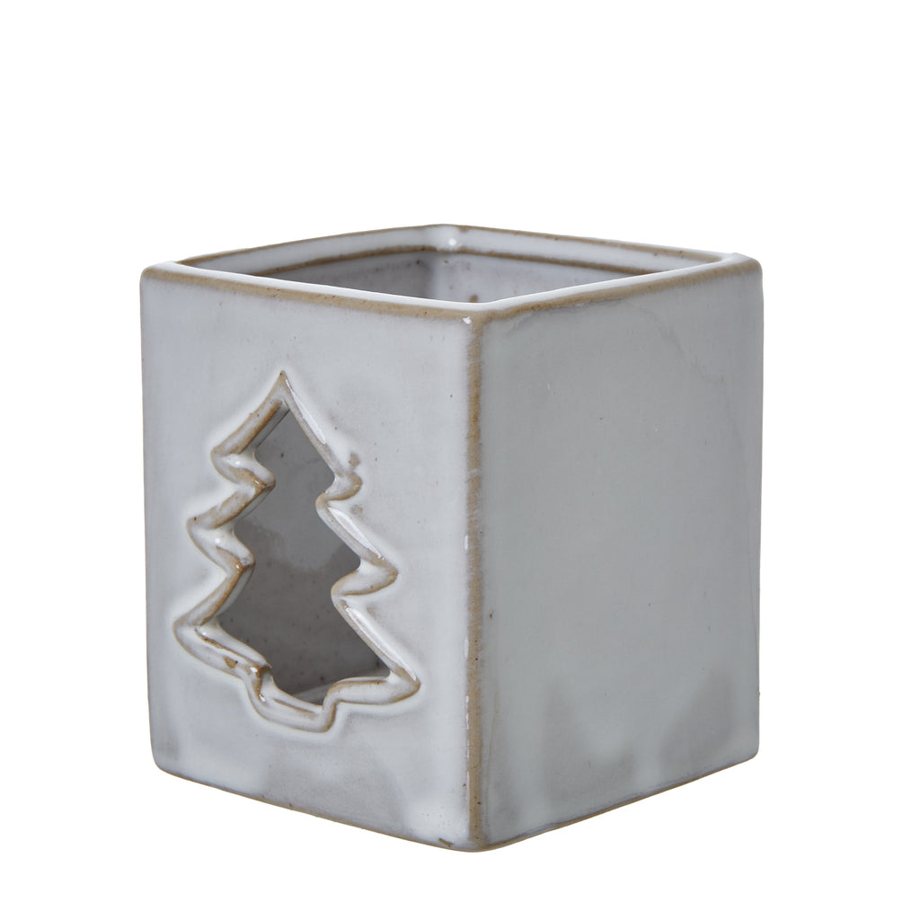 White Ceramic Tree Cut-Out Square Tealight Holder, alternative angle
