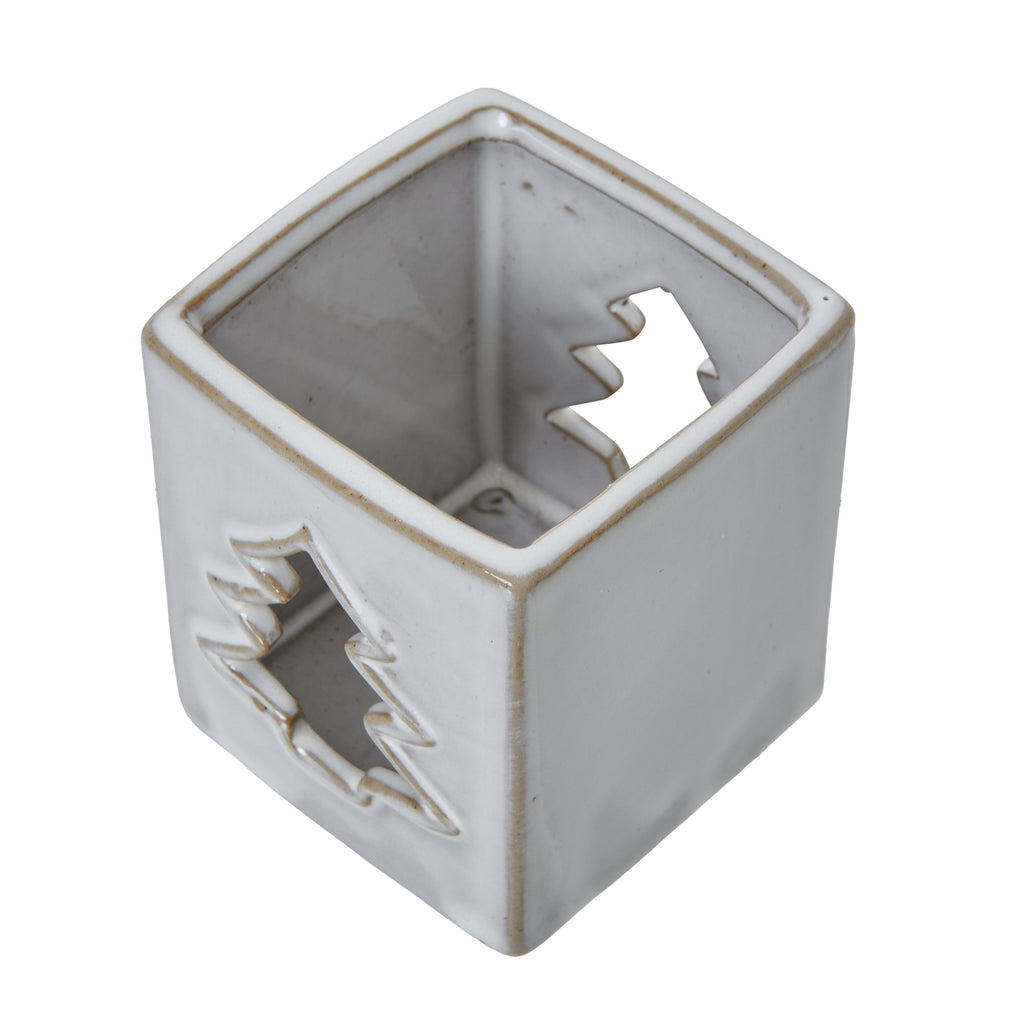 White Ceramic Tree Cut-Out Square Tealight Holder, detail close-up