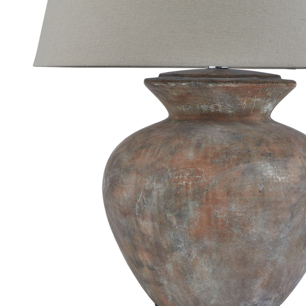 Siena Brown  Round Table Lamp With Linen Shade — side view grey ceramic