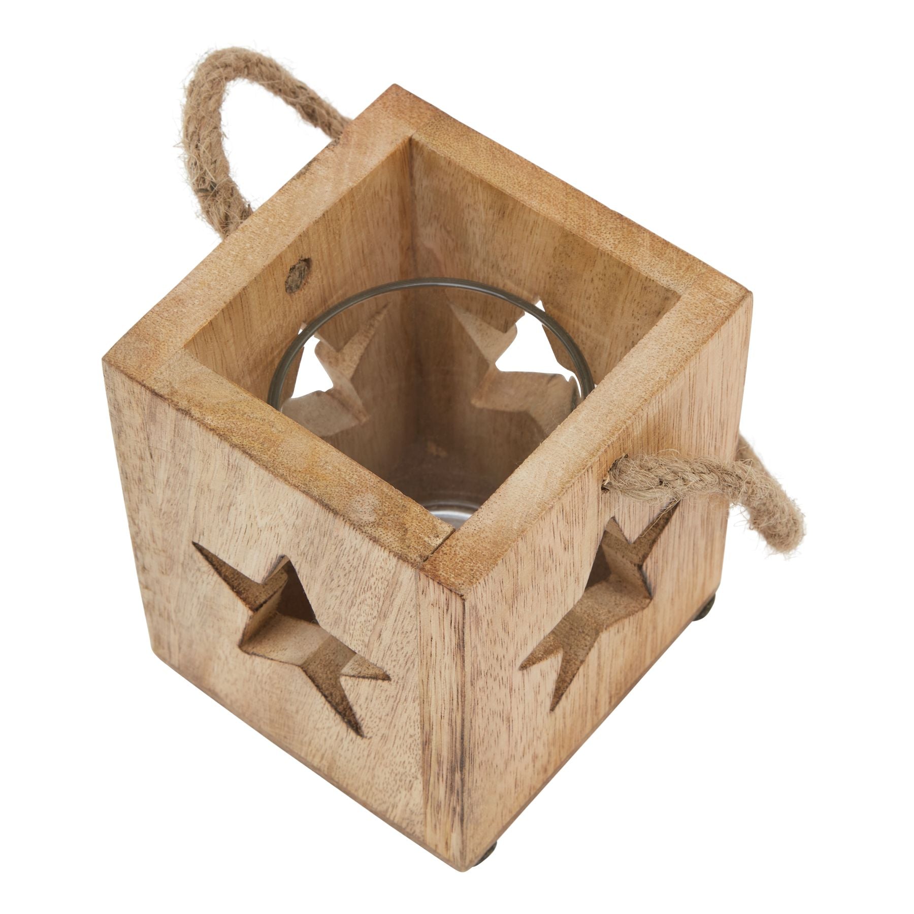 Natural Wooden Small Star Tealight Candle Holder — side view brown glass