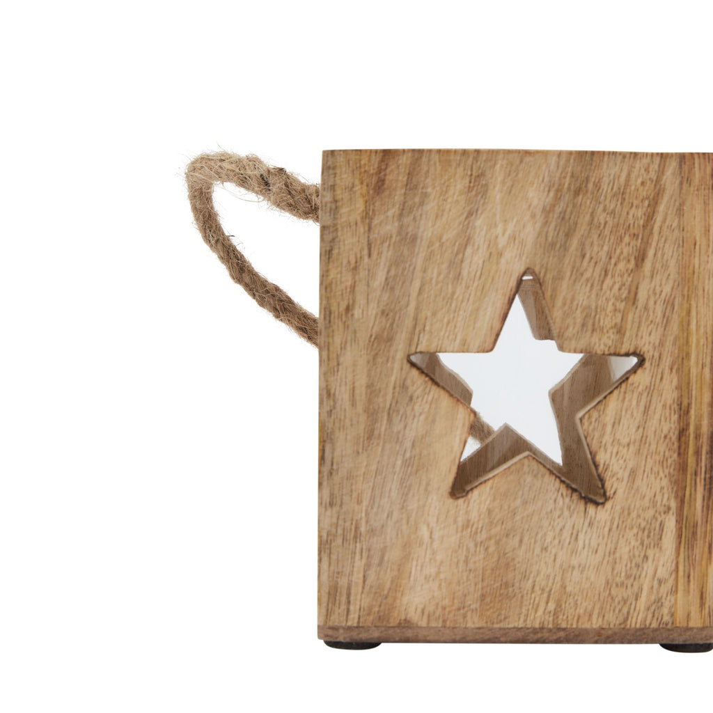 Natural Wooden Small Star Tealight Candle Holder — detail close-up brown glass