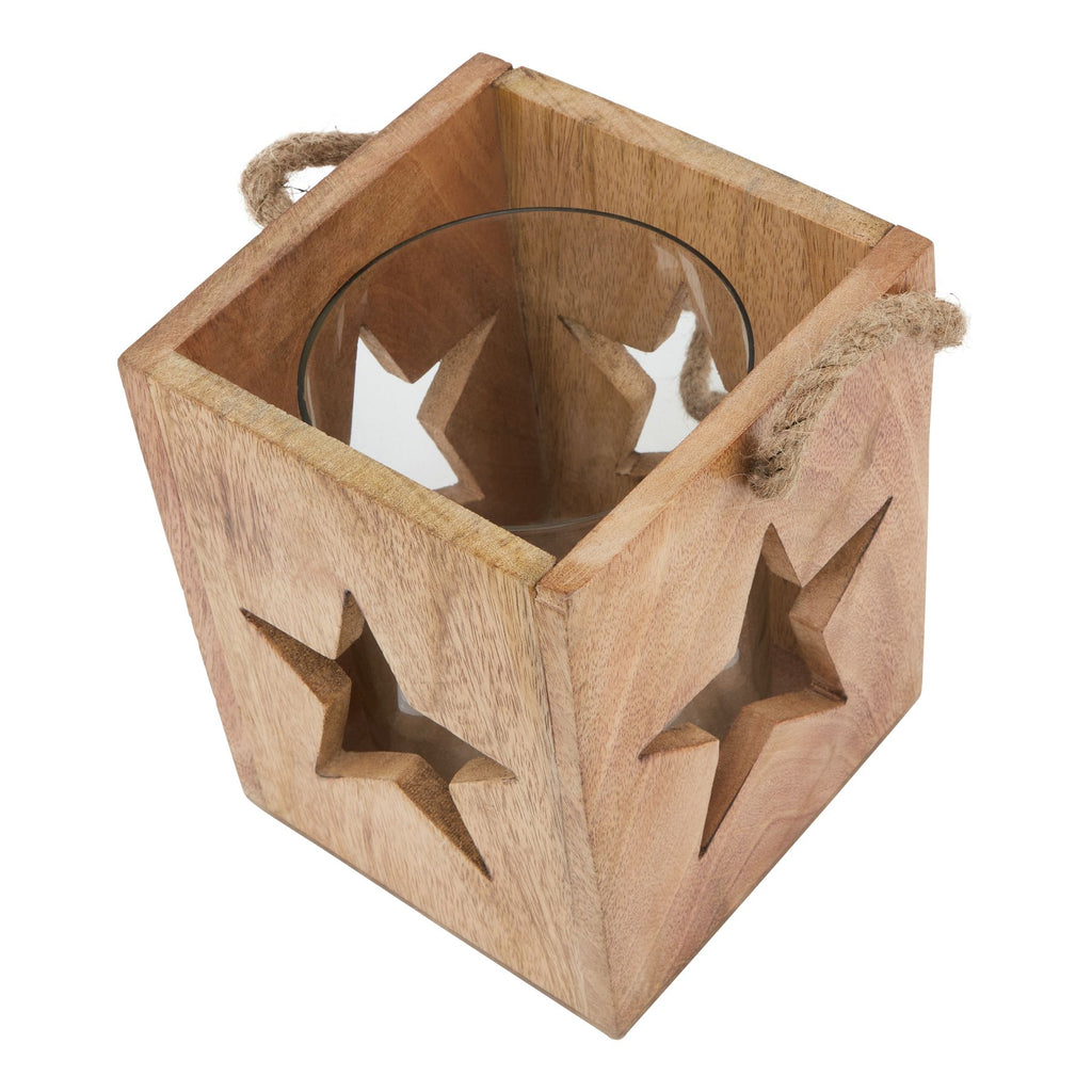 Natural Wooden Large Star Tealight Candle Holder — side view brown glass