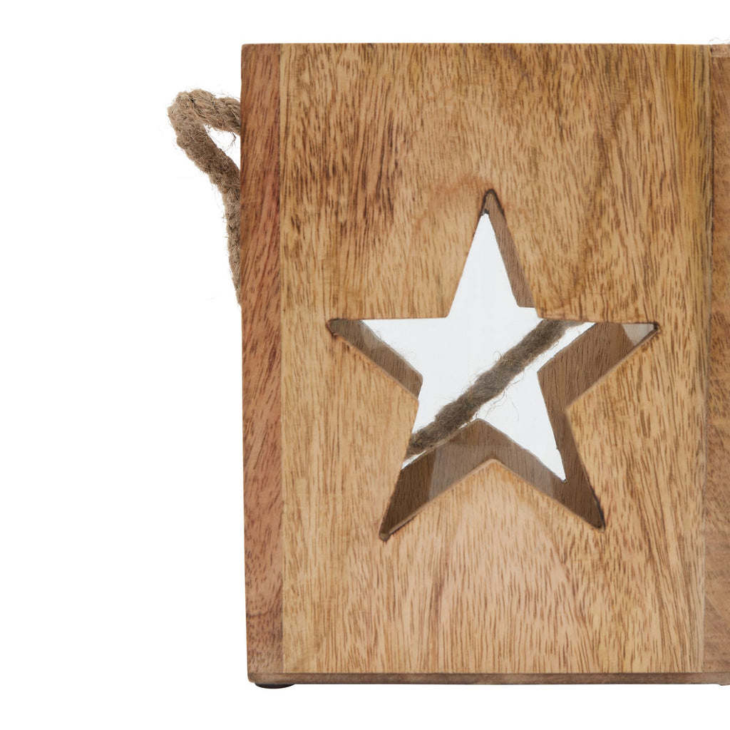 Natural Wooden Large Star Tealight Candle Holder — detail close-up brown glass