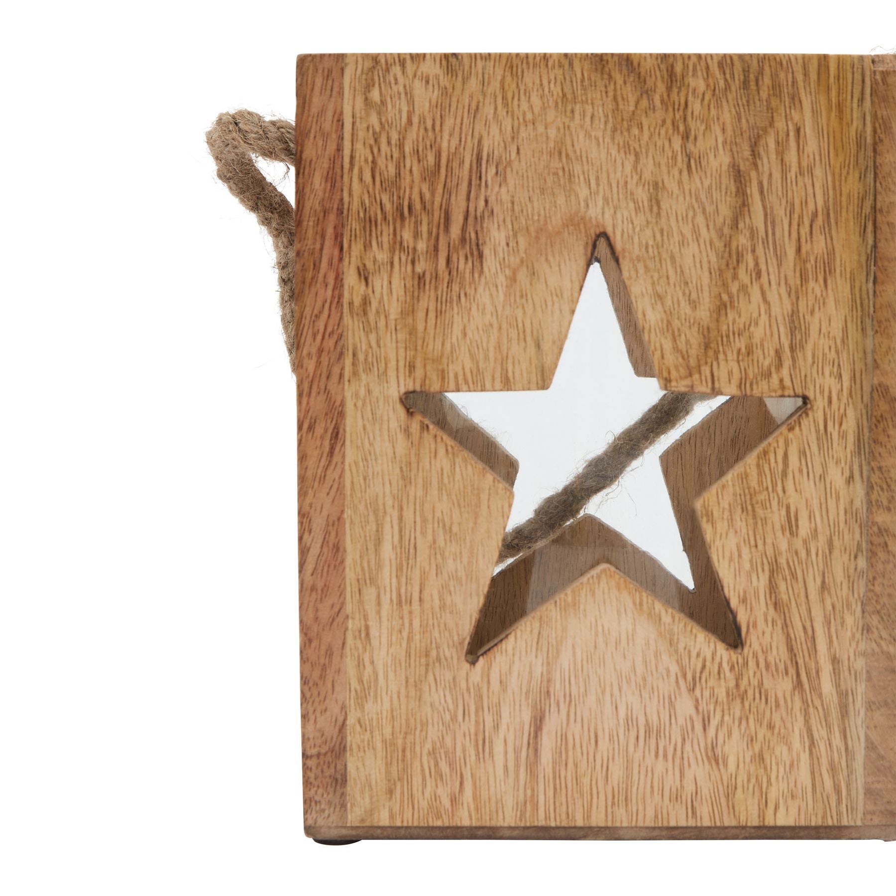Natural Wooden Large Star Tealight Candle Holder — detail close-up brown glass