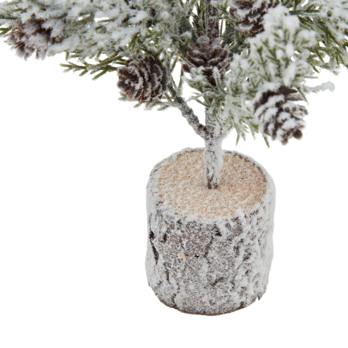 Artificial Small Snowy Fir Tree with Pinecones in Wood Log, detail close-up