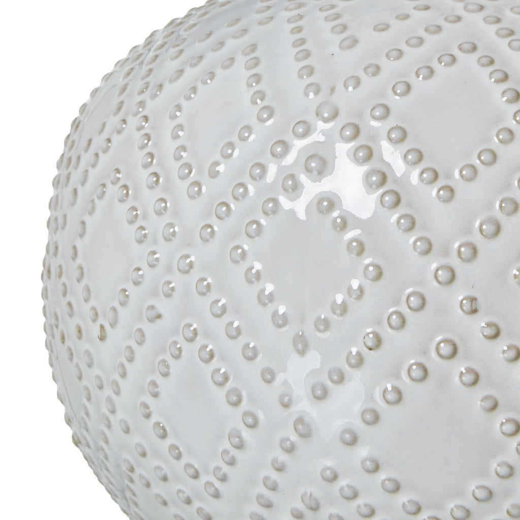 Squat White Beaded Ceramic Lamp With Linen Shade — detail close-up white ceramic