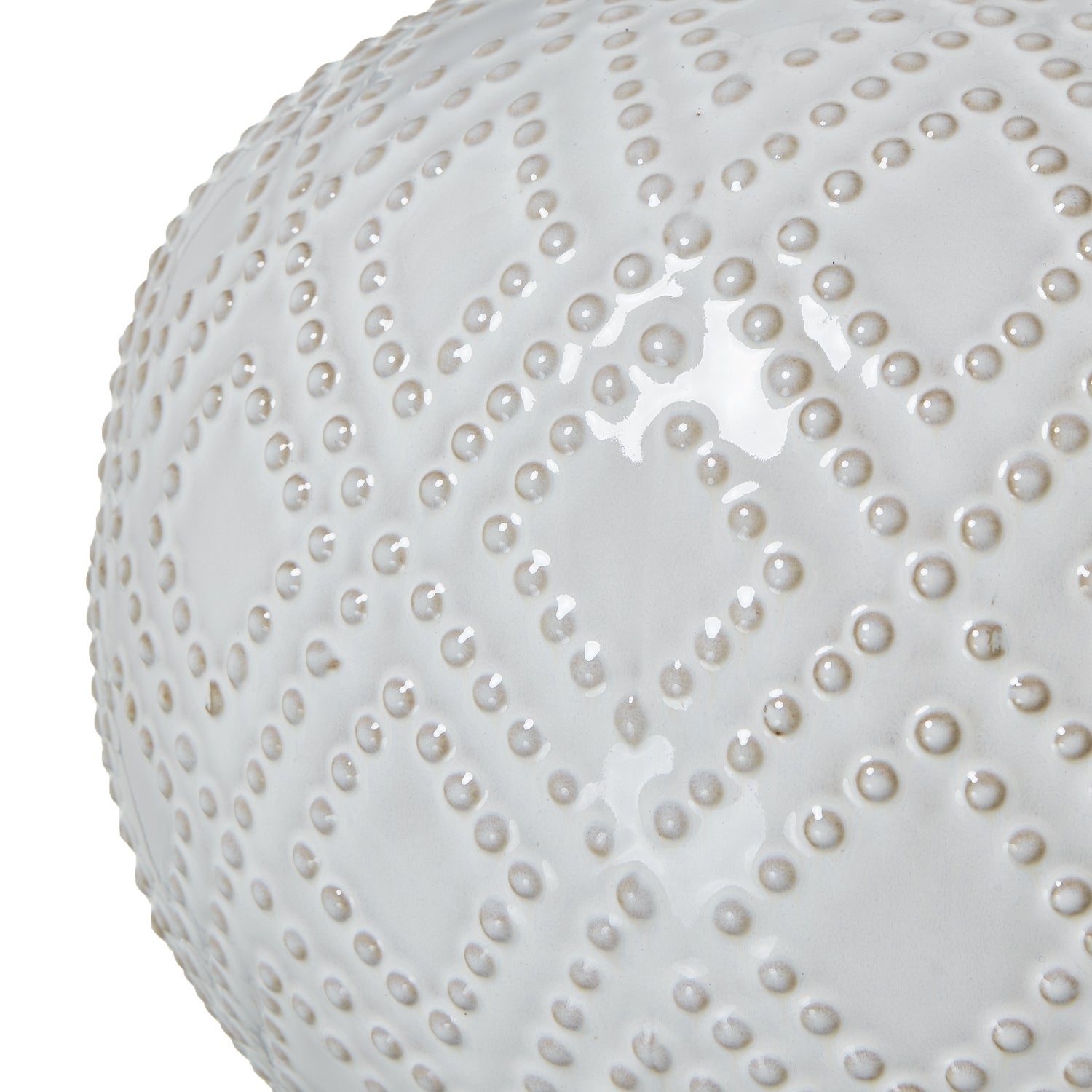 Squat White Beaded Ceramic Lamp With Linen Shade — detail close-up white ceramic