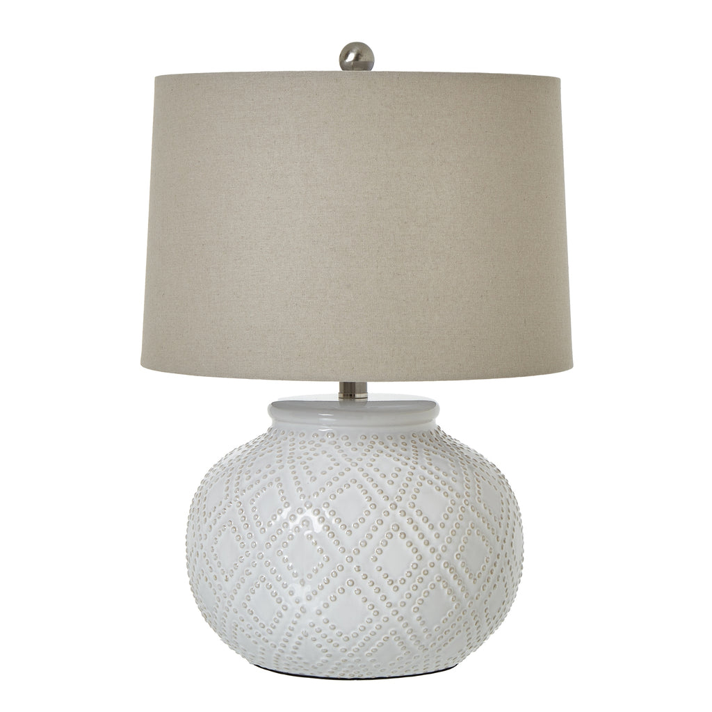 Squat White Beaded Ceramic Lamp With Linen Shade — main product view