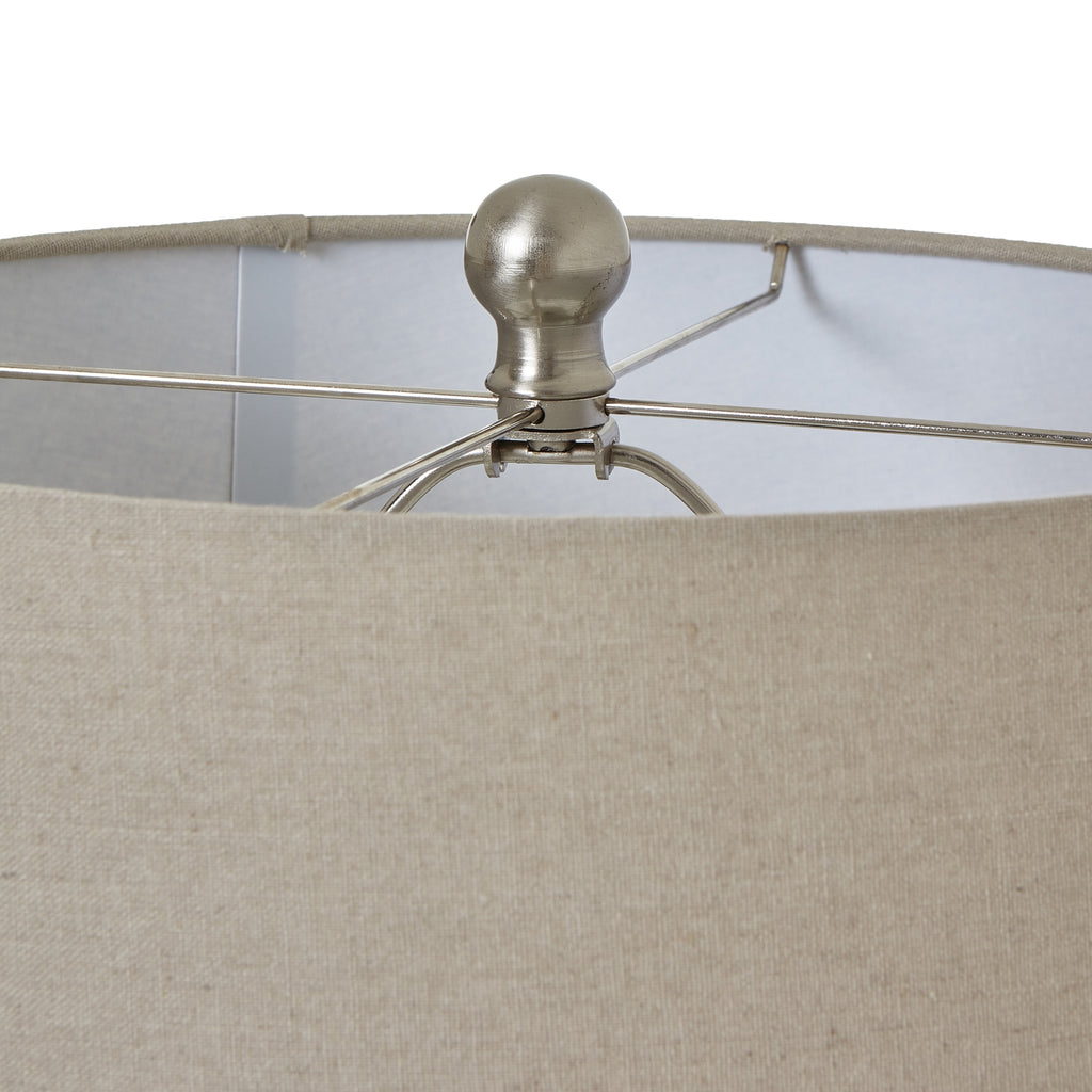 White Beaded Ceramic Lamp With Linen Shade — side view white ceramic