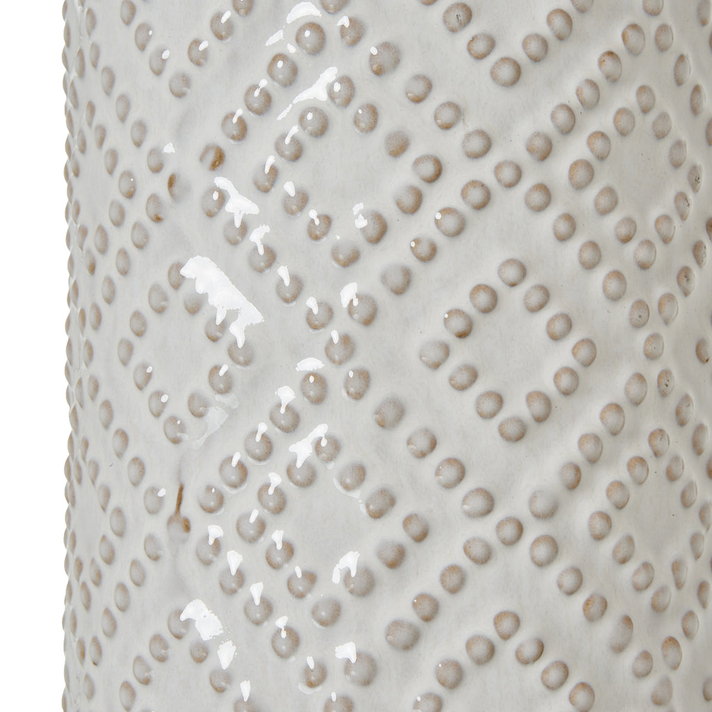 White Beaded Ceramic Lamp With Linen Shade — detail close-up white ceramic