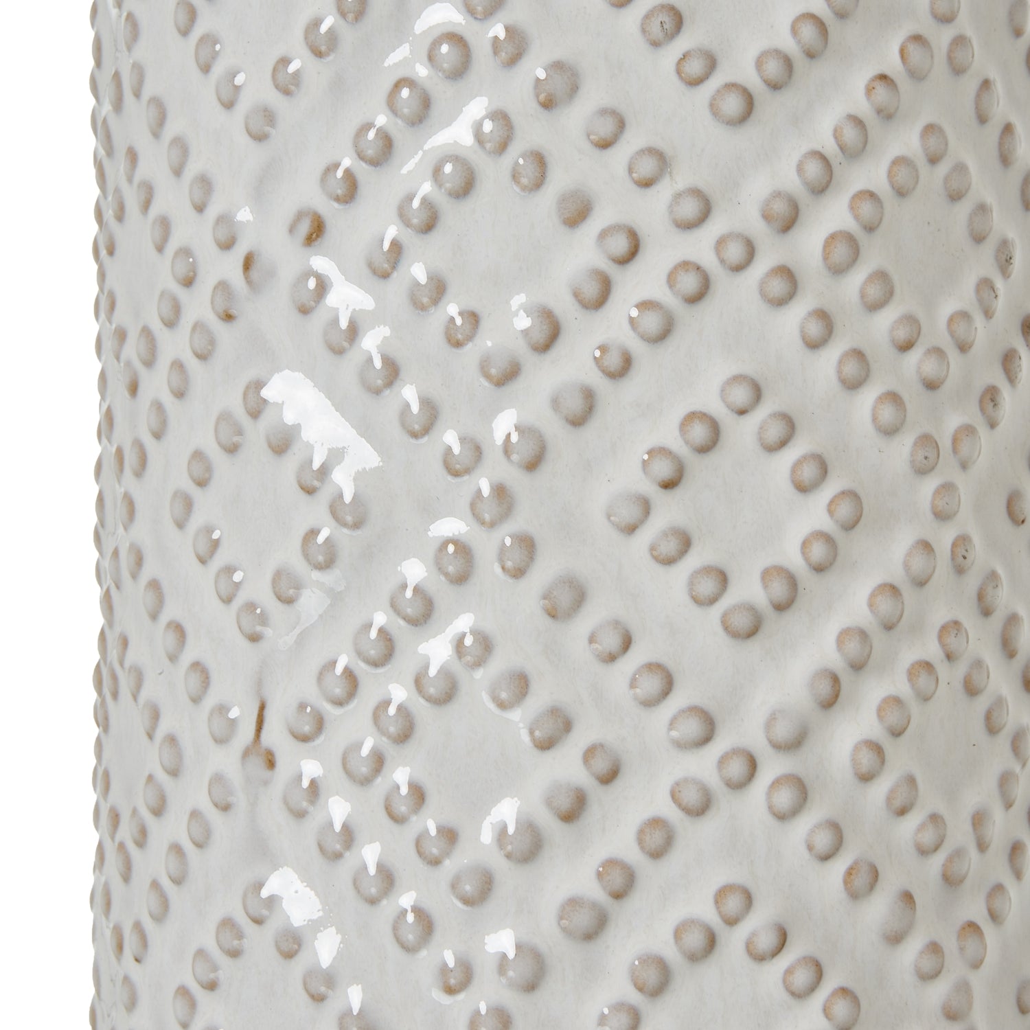 White Beaded Ceramic Lamp With Linen Shade — detail close-up white ceramic