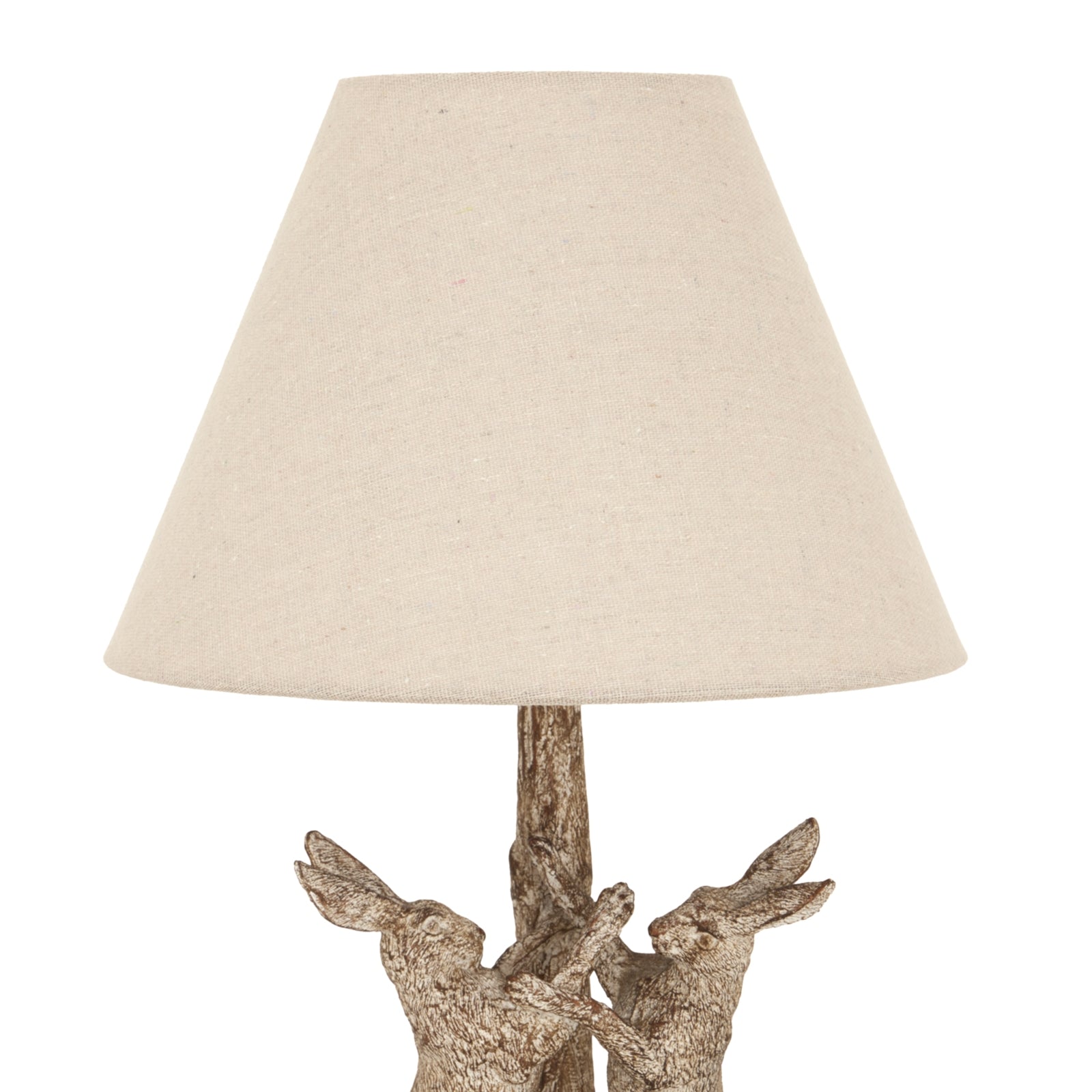 Stonewashed Marching Hares Lamp With Linen Shade — detail close-up brown resin