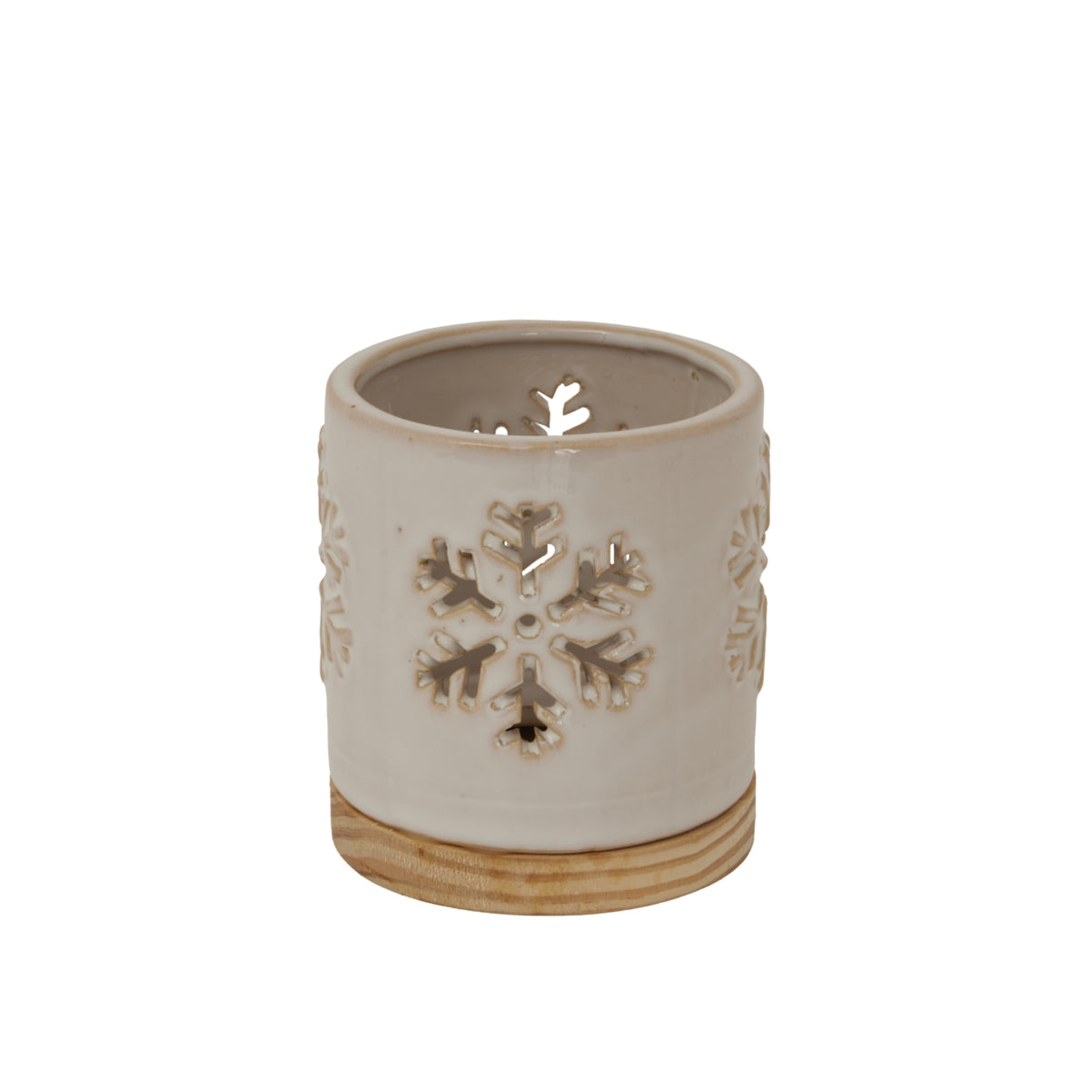 Alora Ceramic Snowflake Candle Holder On Wood Base, alternative angle