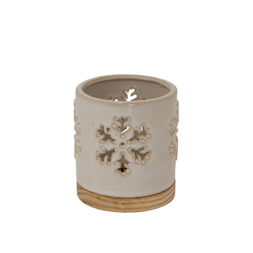 Alora Ceramic Snowflake Candle Holder On Wood Base, alternative angle