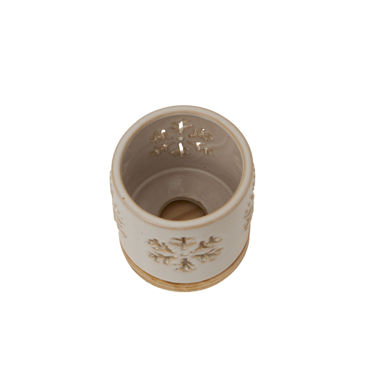 Alora Ceramic Snowflake Candle Holder On Wood Base, detail close-up