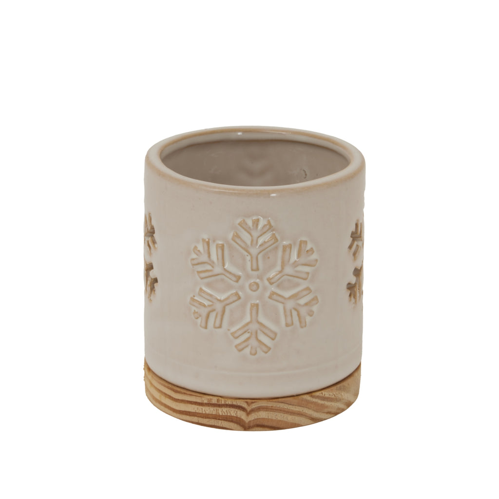 Alora Ceramic Snowflake Candle Holder On Wood Base, main product view
