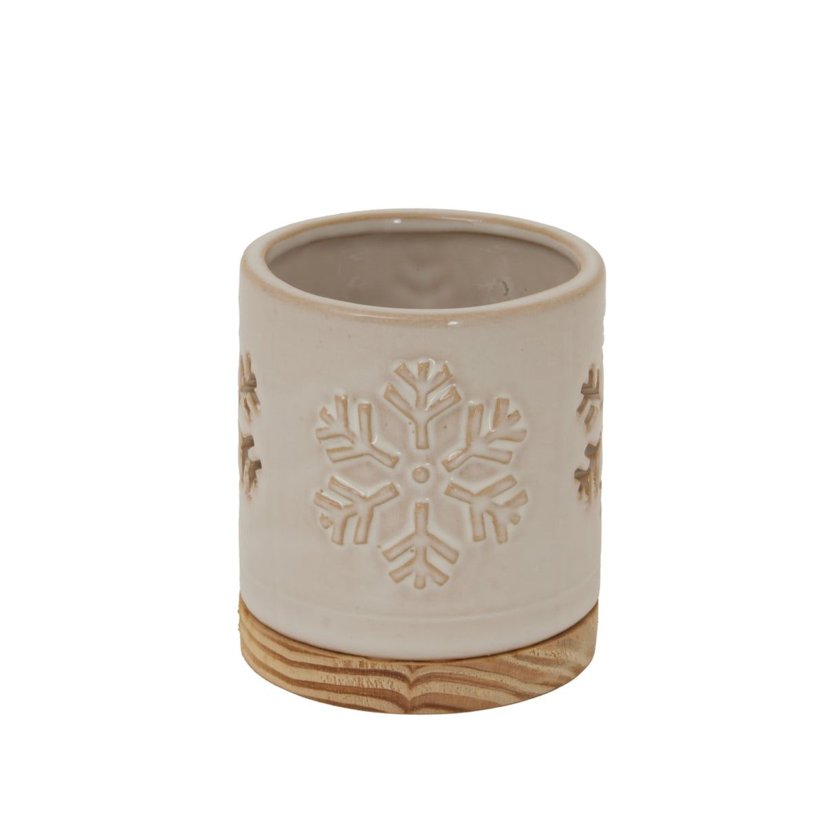 Alora Ceramic Snowflake Candle Holder On Wood Base, main product view