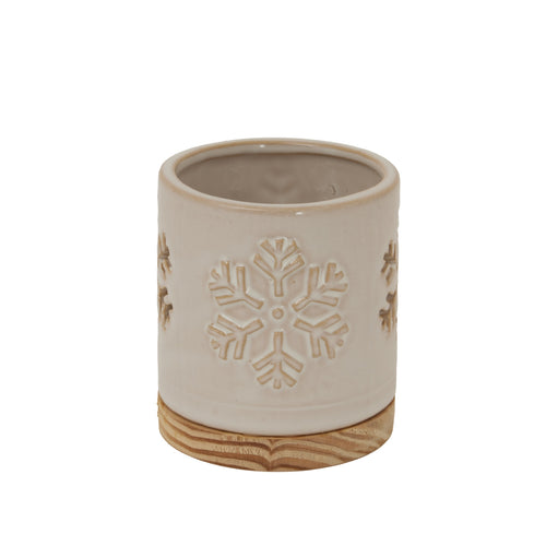 Alora Ceramic Snowflake Candle Holder On Wood Base, main product view
