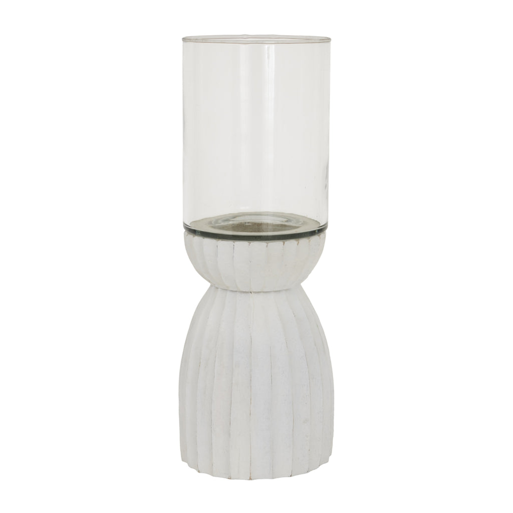 Large White Carved Hurricane Lantern — side view white glass