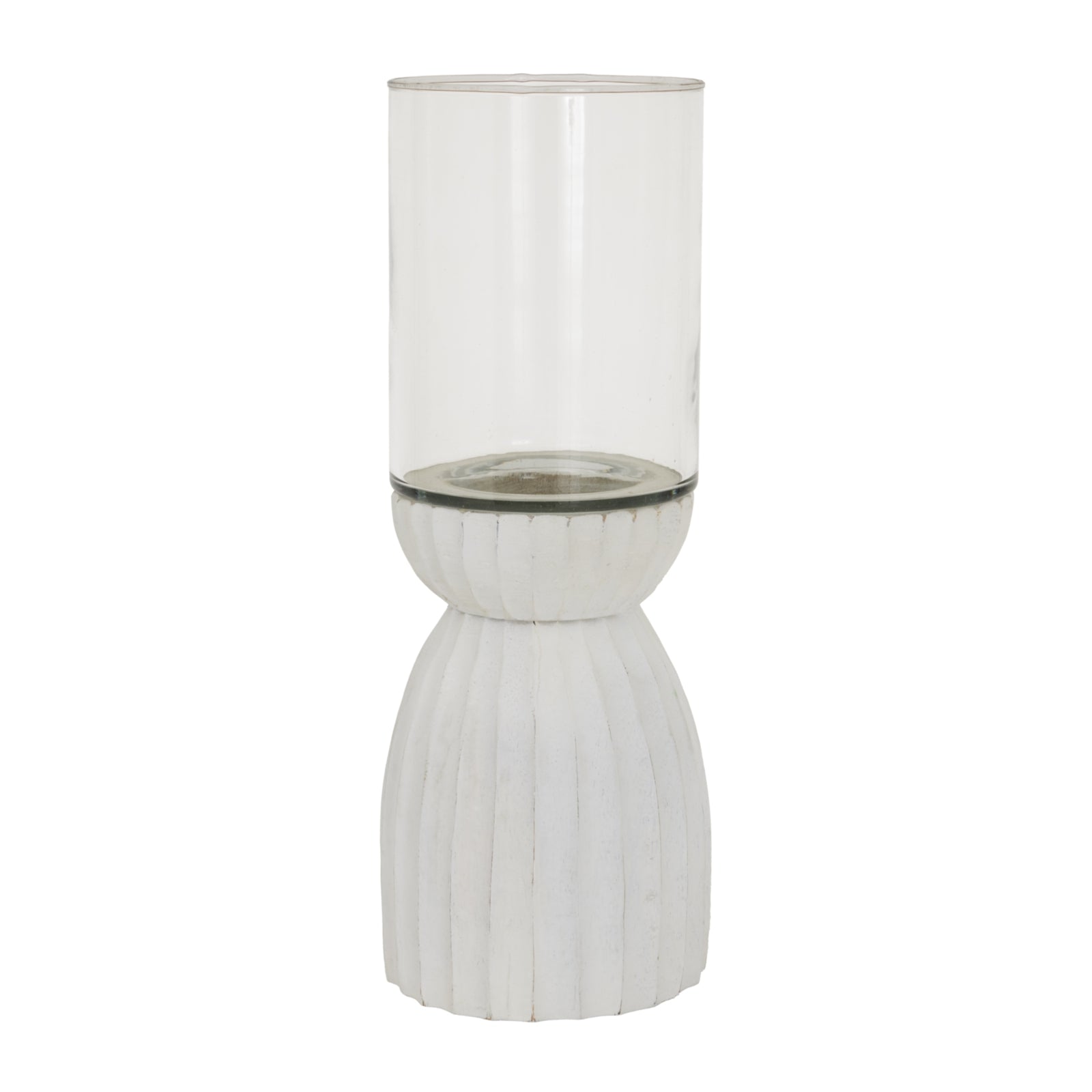 Large White Carved Hurricane Lantern — side view white glass