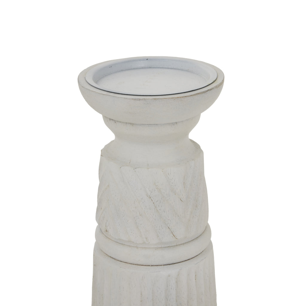 White Carved Candle Holder — side view white wood