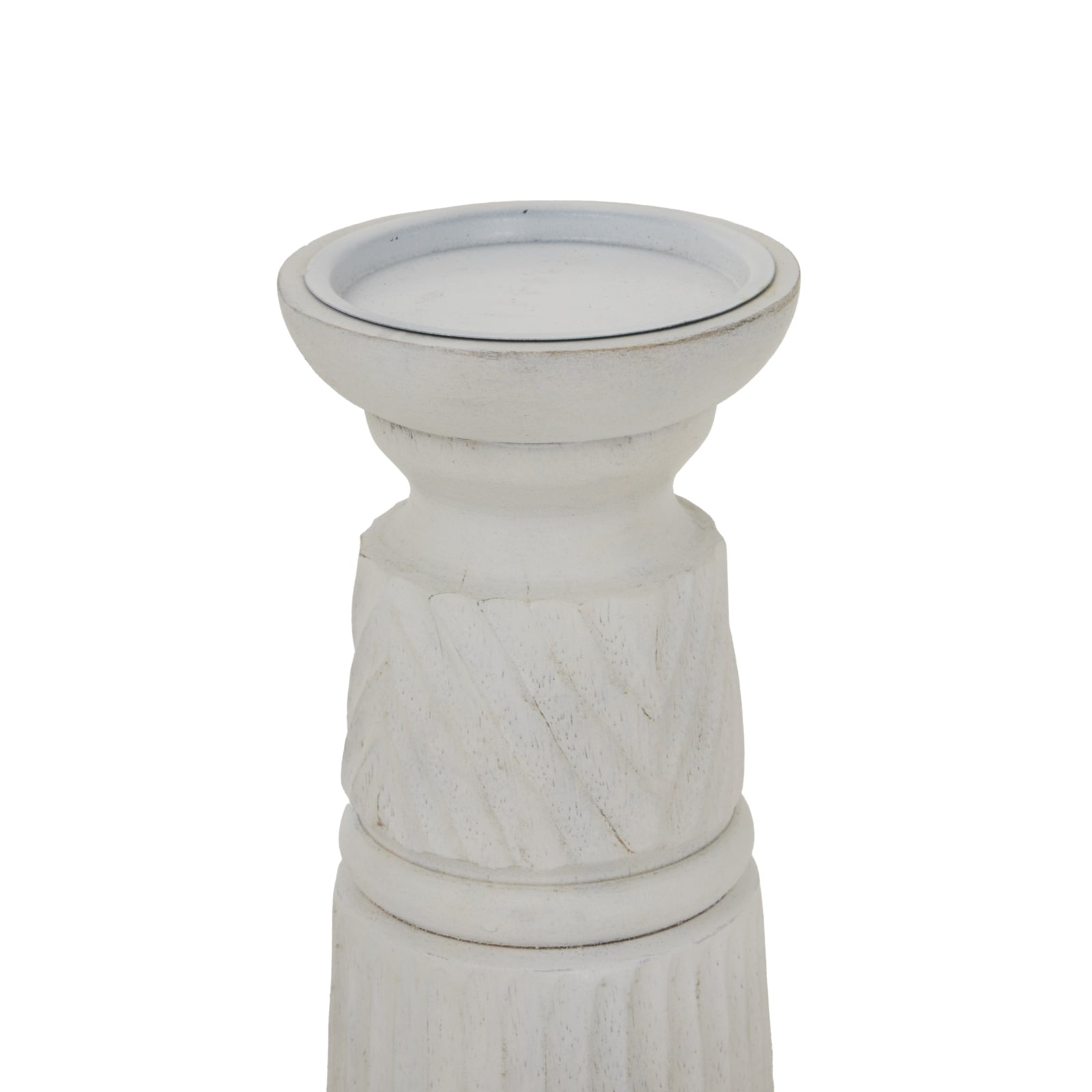 White Carved Candle Holder — side view white wood